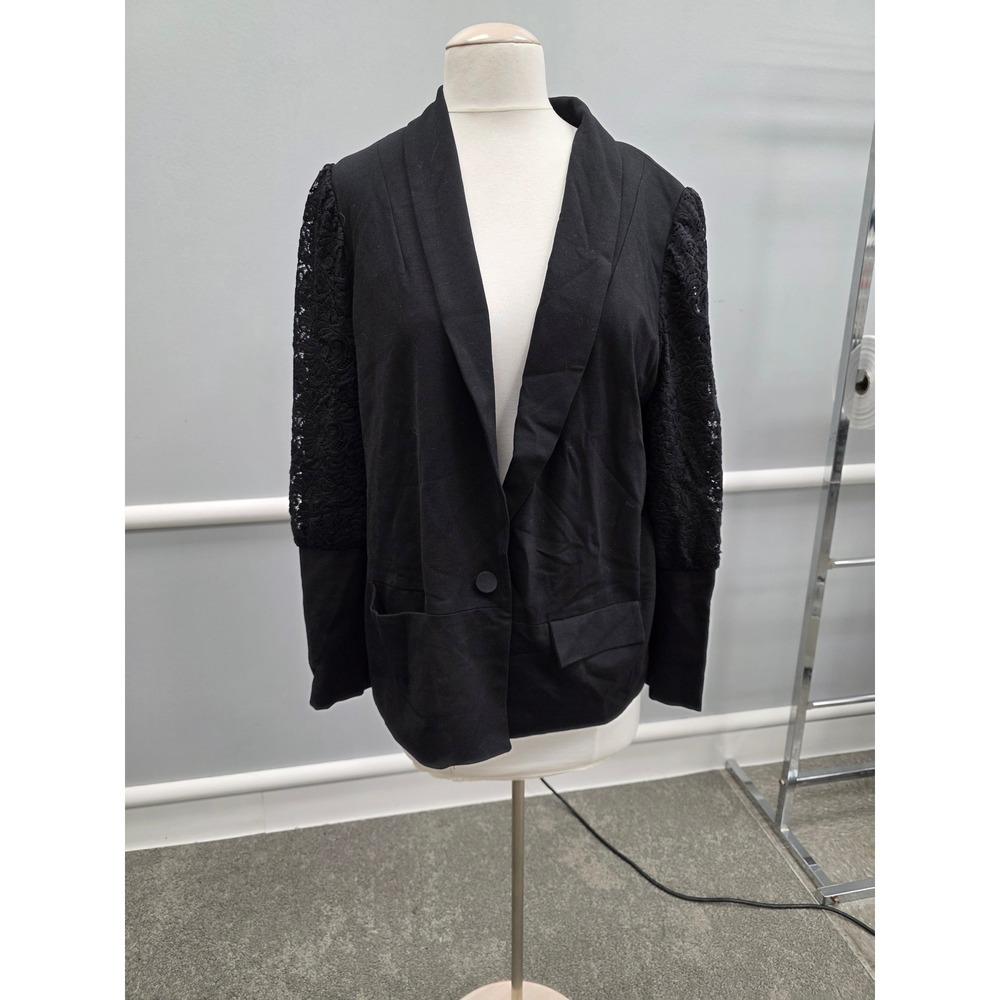 Black Lace Sleeve Blazer Women Single Button Shawl Collar Jacket with Pockets